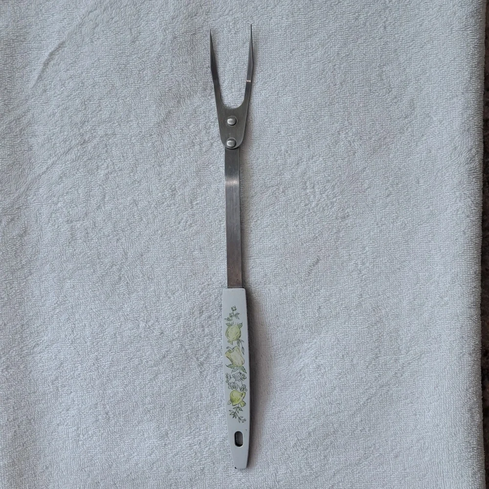 Vintage Stainless Steel 2 Tine Meat Fork Vegetable Desing Handle Mushroom